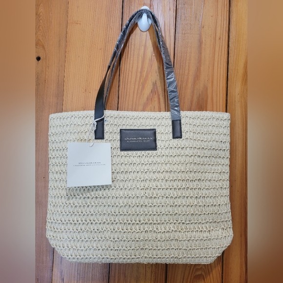 Donna Karan Woven Beige Tote with Black Handles - Picture 2 of 10